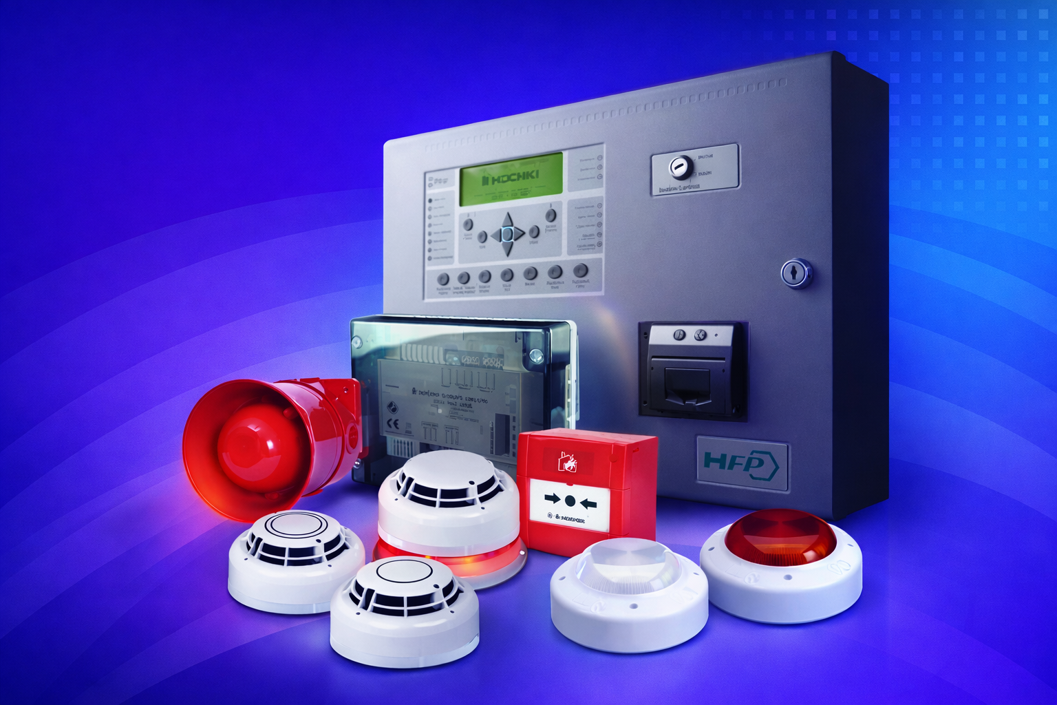 Complete fire alarm system with control panel, detectors, and sounders